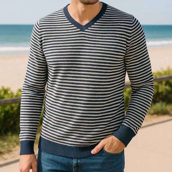 Hawker Rye Cotton Cashmere Size Large Blue & Gray Striped Lightweight Sweater - Picture 1 of 9